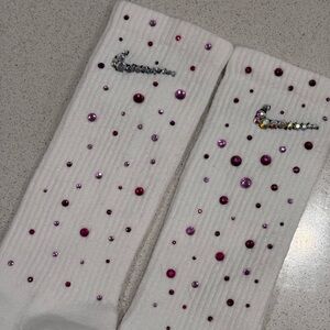 White Custom Swoosh Crew Socks with Pink and Purple Rhinestone Accents